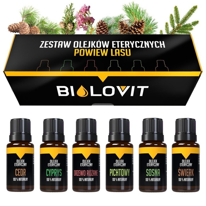 Esszenciális olajkészlet, Bilovit, 6 db 100%-ban természetes olaj, környezetbarát csomagolás, 10 ml mindegyik, 22x6.5x6cm