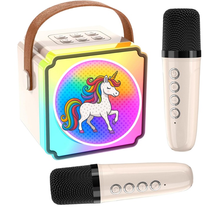 Преносима караоке кутия с 2 безжични микрофона, RGB светлини, Bluetooth 5.3, забавни вокални ефекти, универсална съвместимост, кремаво – PacFullTech