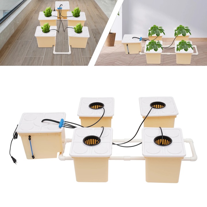 Sistem de Cultivare Hidroponic Indoor, Kit cu 5 Galeti de 11L, Sistem de Udat prin Picurare, Pentru Acasa, Culoare Galben Deschis