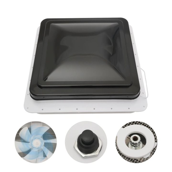 Trapa de acoperis pentru rulota/autorulota, Ventilator electric cu fereastra de acoperis, 42×42 cm, Patrata, Buton unic, Plastic, Alb