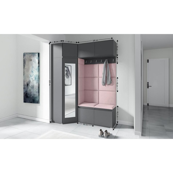 Cuier Hol Max 38 Culoare Roz pal cu Grafit 180x225x40 cm