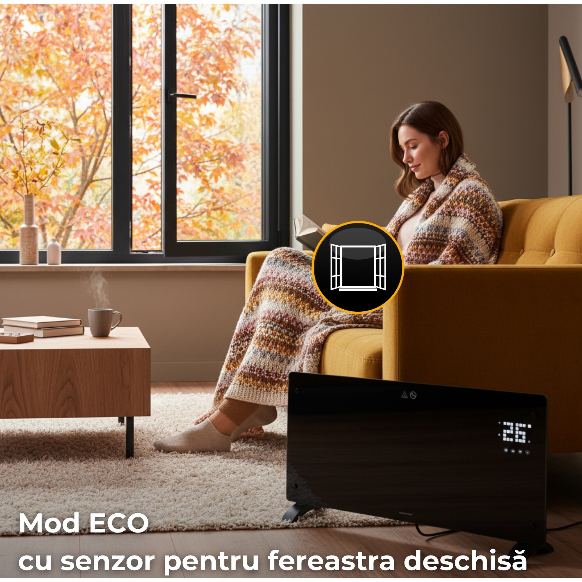 Convector electric 2500 W Climative Glow, panou de sticla, WiFi Tuya ...