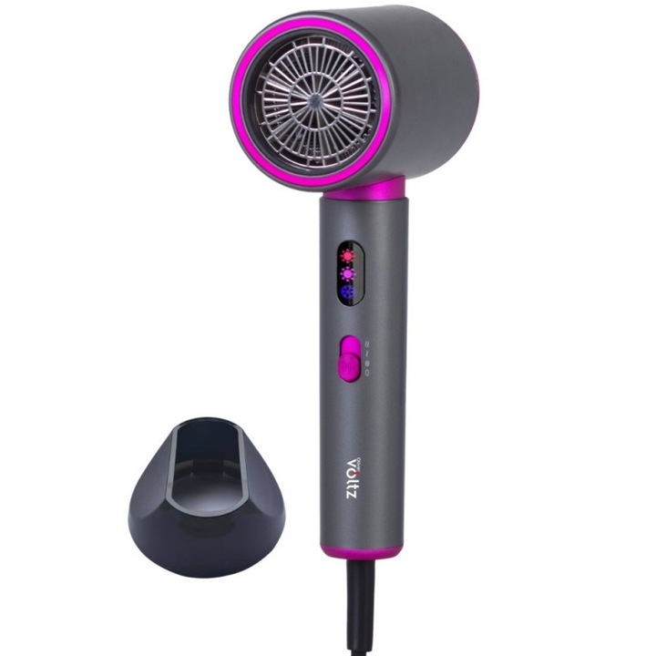 Hajszárító Oliver Voltz OV51100R, 2200W, 3 fokozat, DC motor, Hideg levegő, LED kijelzők, Szürke/lila