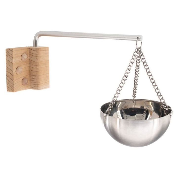 Miska aromaterapie pentru sauna, Bilovit, 12cm, inox, cu brat mobil din aluminiu