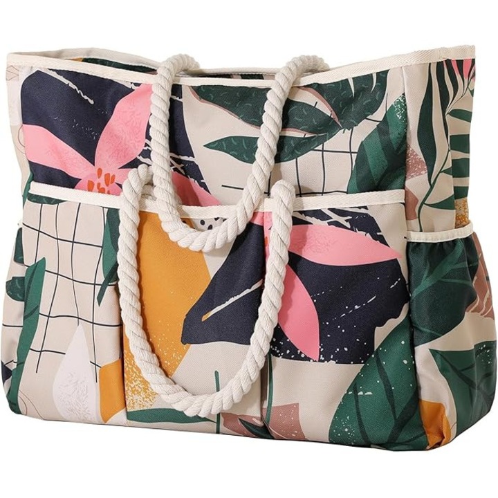 Плажна чанта XXL, Дръжка от въже, Тропически дизайн, 44 x 38 x 18 см, Зелена