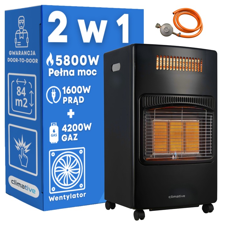 Газова и електрическа печка Climative HybridHeat EGH-58, 5800W, 3 степени газ + термовентилатор 1600W, GPL, пропан-бутан, пиезо запалване, ODS сензори и наклон 15°, с колела, регулатор и маркуч, черна