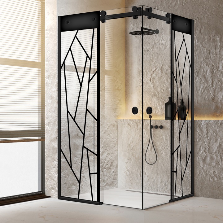 Cabina dus cu 2 usi colt glisante Glissando Duo Black, model Atlas negru, feronerie full inox negru mat, sticla clara, securizata, 90x90 cm, inaltime 205 cm