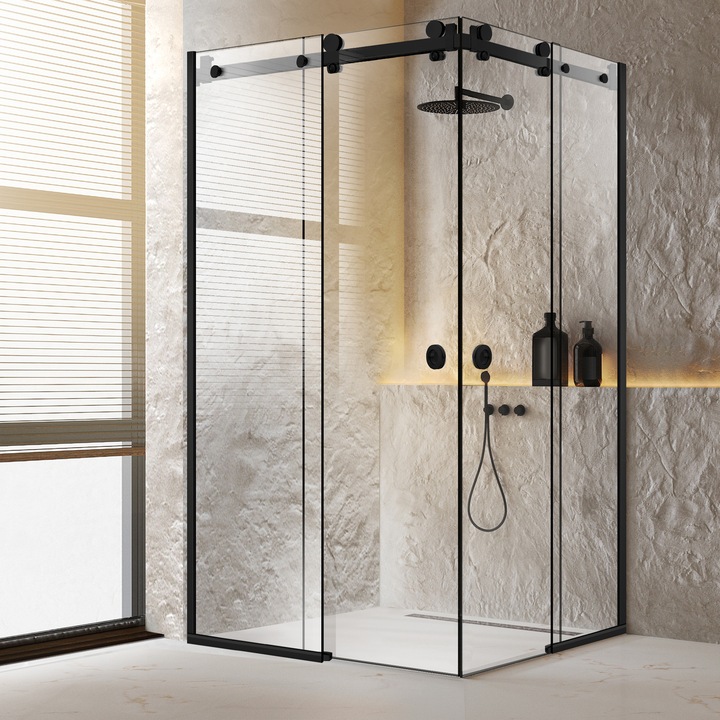 Cabina dus cu 2 usi colt glisante Glissando Duo Black, feronerie full inox negru mat, sticla clara, securizata, 90x110 cm, inaltime 205 cm