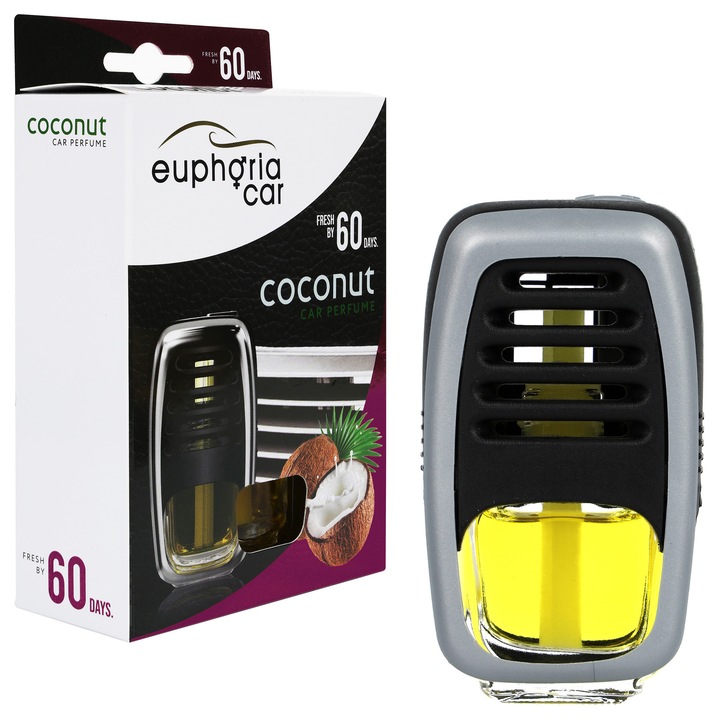 Odorizant auto Euphoria Car COCONUT, 60 zile, aroma tropicala, montaj grila ventilatie, 1 bucata