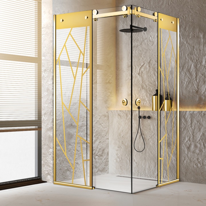 Cabină de duș Glissando Duo Gold, Modern Glass Art, cu 2 uși culisante, feronerie INOX SS304 aurie, dimensiuni 90x100cm