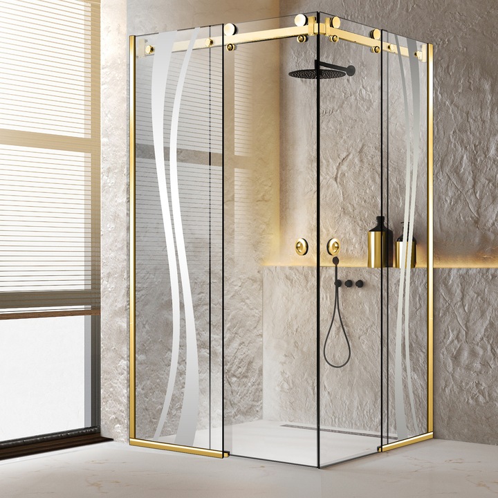 Cabina dus cu 2 usi colt glisante Glissando Duo Gold, model Play incolor, feronerie full inox auriu, sticla clara, securizata, 90x110 cm, inaltime 205 cm