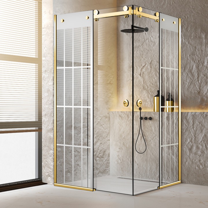 Cabina dus cu 2 usi colt glisante Glissando Duo Gold, model Rank incolor, feronerie full inox auriu, sticla clara, securizata, 100x100 cm, inaltime 205 cm