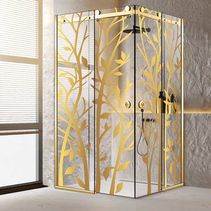 Cabina dus cu 2 usi colt glisante Glissando Duo Gold, model Wood auriu, feronerie full inox auriu, sticla clara, securizata, 100x110 cm, inaltime 205 cm