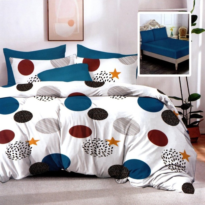 Lenjerie pat dublu din finet cercuri albastre maro, cearceaf pat cu elastic 180x200cm, 6 piese, Lenjerii Deosebite