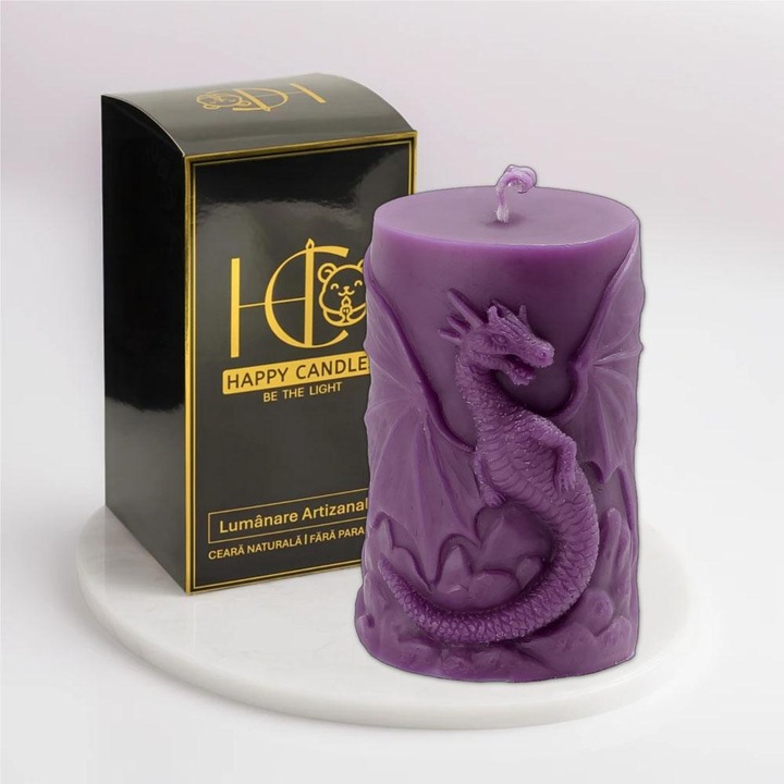 Пчелна восъчна свещ, Happy Candles, Огнен дракон, Лилава, Натурален восък, Ръчна изработка, Хелоуин, 265гр