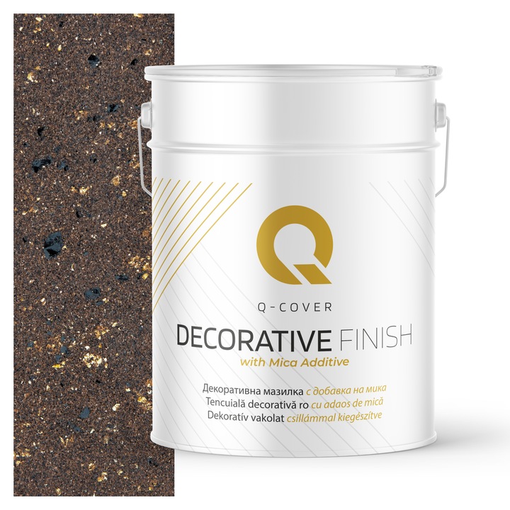 Tencuiala decorativa cu adaos de mica, Q-COVER, Maro inchis cu mica neagra si aurie D822, Pe baza de rasina acrilica pura, Aderenta excelenta la suport, Stabilitate a culorii, Rezistenta mare la UV, 15KG