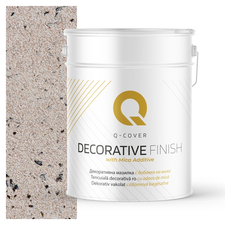 Tencuiala decorativa cu adaos de mica, Q-COVER, Bej deschis cu mica neagra D812, Pe baza de rasina acrilica pura, Aderenta excelenta la suport, Stabilitate a culorii, Rezistenta mare la UV, 15KG