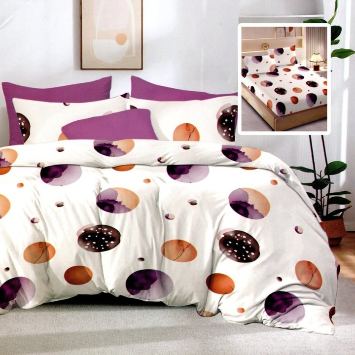 Спално бельо за двойно легло от фин памук с лилави кръгове, долен чаршаф с ластик 180x200см, 6 части, Специално спално бельо