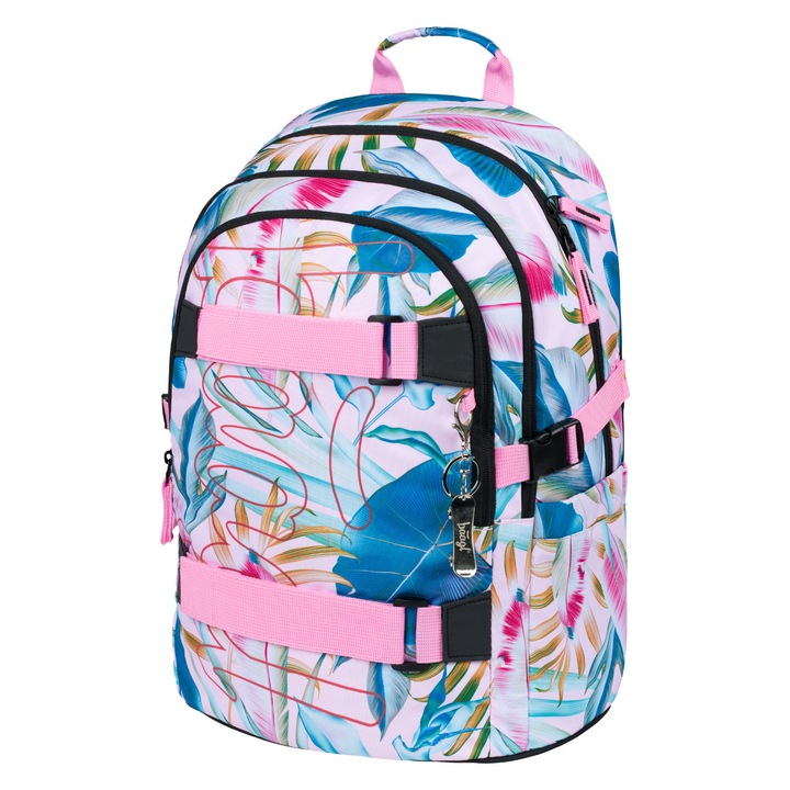 Rucsac școlar, Baagl, Skate Leafs, 3 compartimente, impermeabil, 25 L, Albastru / Roz