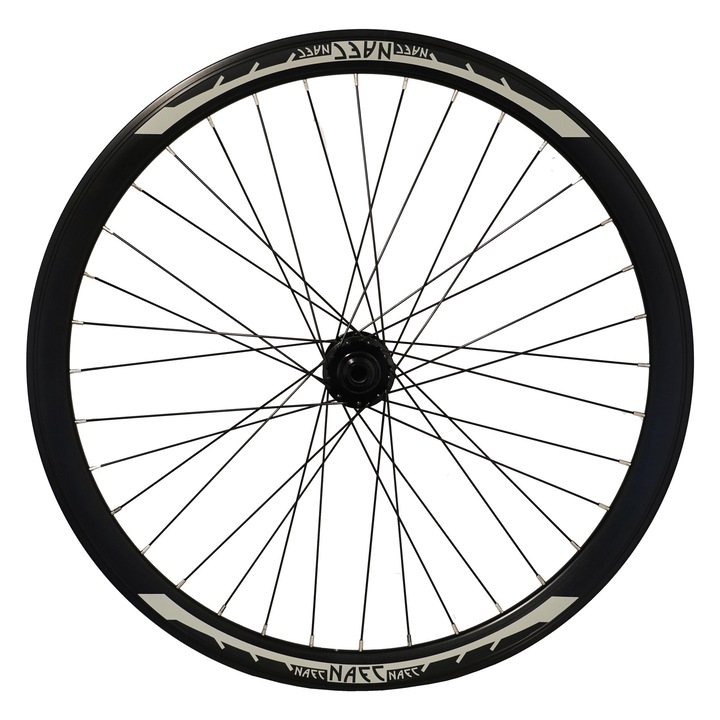 Roată Față Jantă NAEC FRONT WHEEL pentru Bicicletă Electrică eBike NAEC eTWO și eONE 28 Inch, cu perete dublu AERO, negru cu autocolant NAEC negru-gri