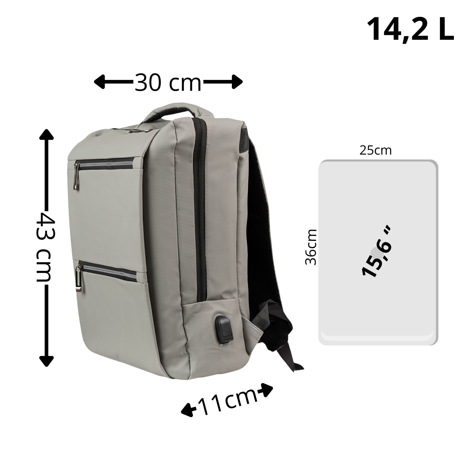 Rucsac scolar VIO gri impermeabil 43x30x11 cm 14,2L cu USB, compartiment laptop 15,6” unisex BK91105grey