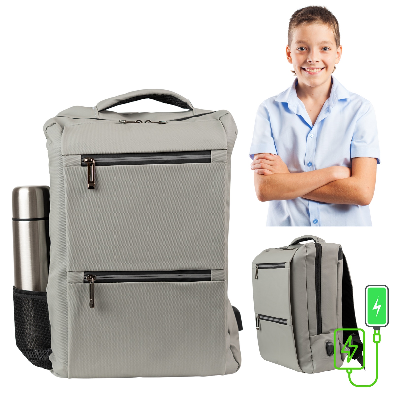 Rucsac scolar VIO gri impermeabil 43x30x11 cm 14,2L cu USB, compartiment laptop 15,6” unisex BK91105grey