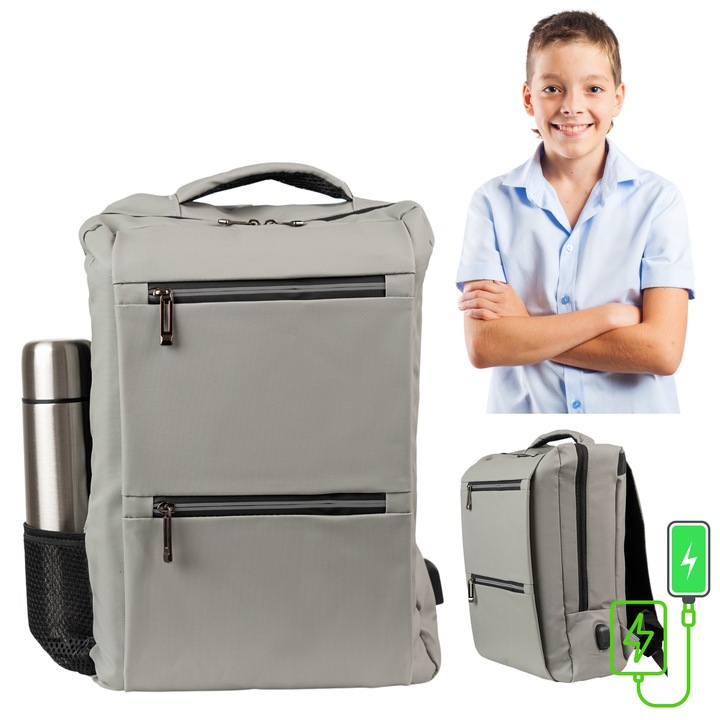 Rucsac scolar VIO gri impermeabil 43x30x11 cm 14,2L cu USB, compartiment laptop 15,6” unisex BK91105grey