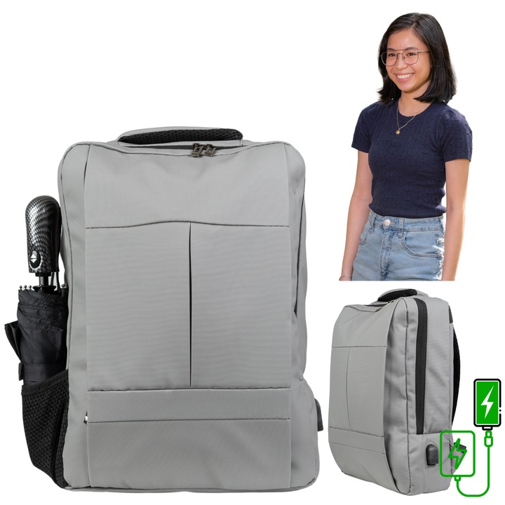 Rucsac gri pentru scoala si facultate cu port USB si laptop 15,6” VIO BK91103grey