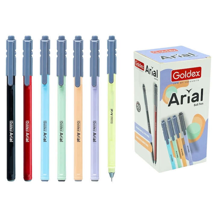 Pix Goldex - Arial, 50 buc/cutie, vârf 0.6 mm, culoare albastră, din plastic