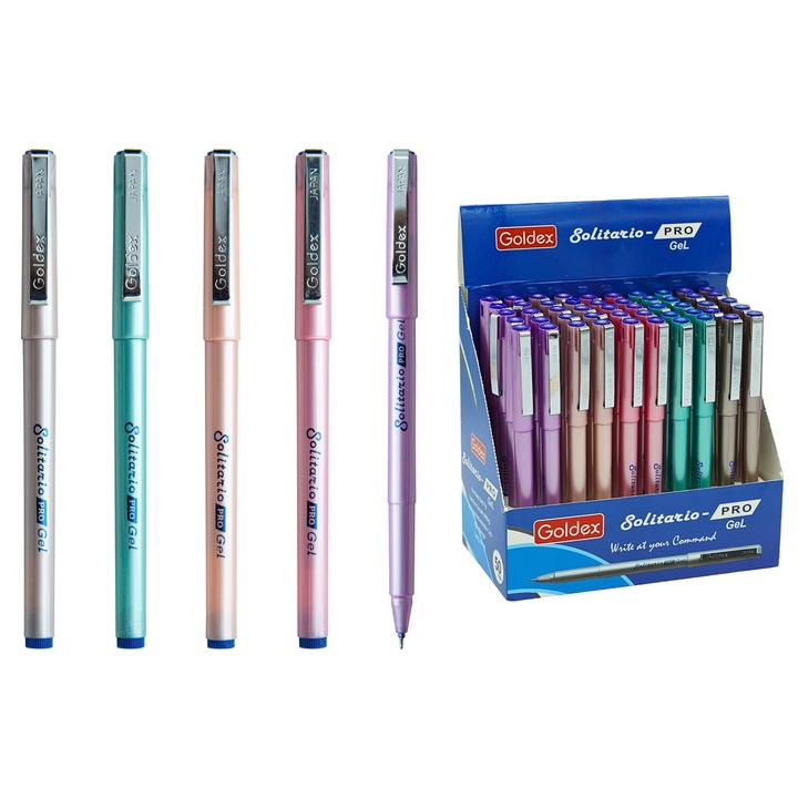 Pix cu gel Goldex - Solitario Pro Gel, 50 buc/cutie, vârf 0.6 mm, culoare albastră, plastic