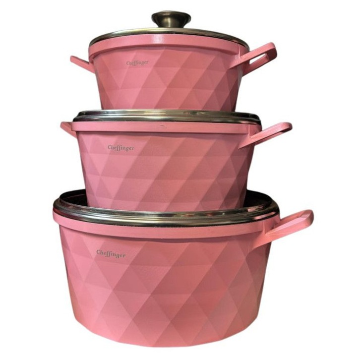 Висококачествен комплект касероли Cheffinger, Материал пресован алуминий, Незалепващо покритие, Отвор за пара, 20, 24, 28 сантиметра, Розов