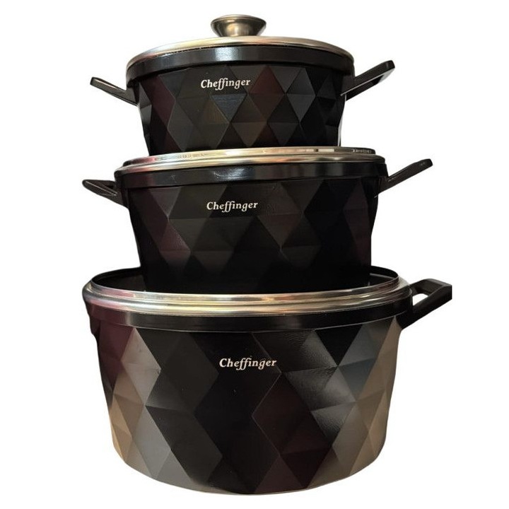 Висококачествен комплект касероли Cheffinger, Материал пресован алуминий, Незалепващо покритие, Отвор за пара, 20, 24, 28 сантиметра, Черен