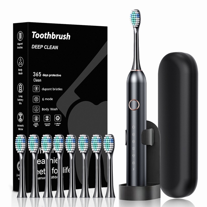 Periuta de dinti electrica sonica, Qtenzivize, 8 capete, 6 moduri de curatare, 40000 pulsatii/min, autonomie 60 zile, IPX6, timer 2 minute, Incarcare USB, toc pentru calatorii, Negru