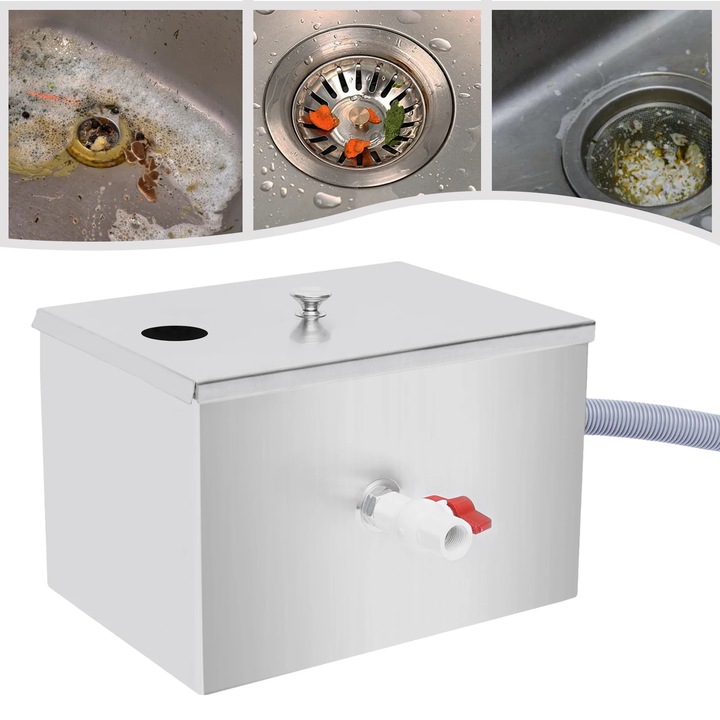 Separator de grasimi din inox pentru bucatarie, model GRAY, Interceptor de apa reziduala, Separator de ulei, Culoare Gri