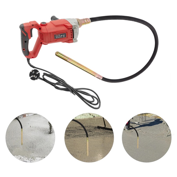 Elektromos betonvibrátor, 1100W, 2M hullámrúddal, hordozható, 220V, különféle épületszerkezetekhez alkalmas, piros színű