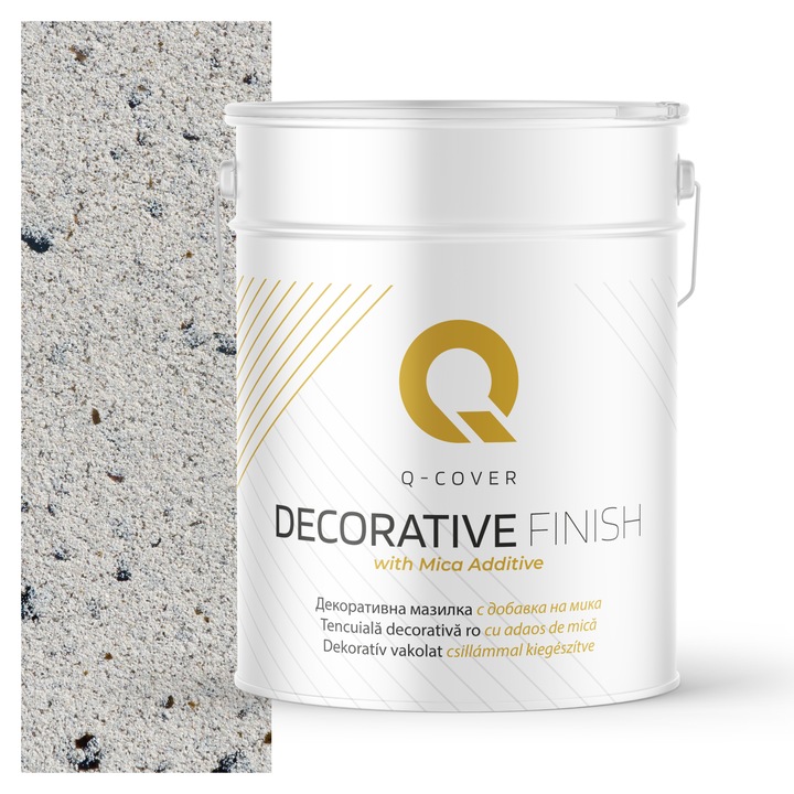 Tencuiala decorativa cu adaos de mica, Q-COVER, Gri deschis cu micą neagra D902, Pe baza de rasina acrilica pura, Aderenta excelenta la suport, Stabilitate a culorii, Rezistenta mare la UV, 15KG