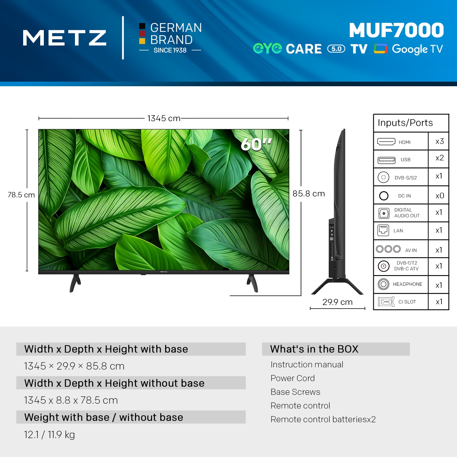 Televizor METZ LED 60MUF7000Z, 152 cm, Smart Google TV, 4K Ultra HD, Clasa E (Model 2025)