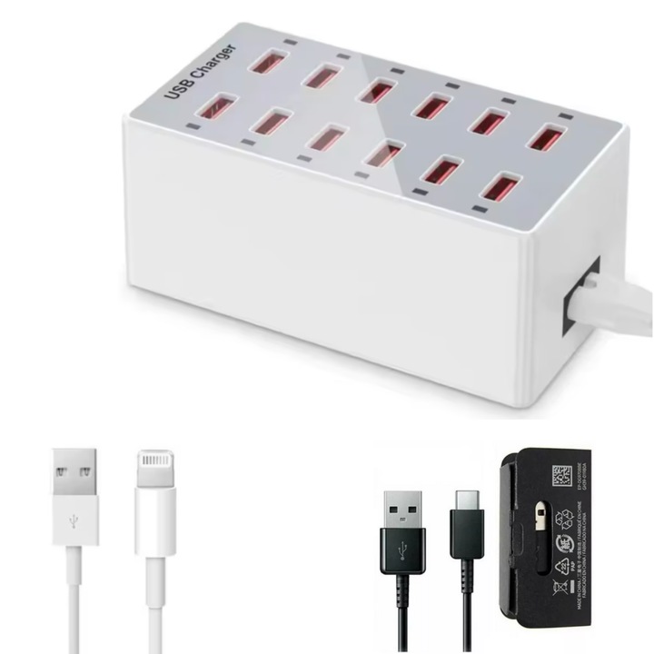 QUANDES® gyorstöltő állomás 60W, okos, ventillátorral, 12 USB porttal 5V 20A, 1 db USB-C-A adatkábel, 1 db USB-C-Lightning adatkábel iPhone-hoz