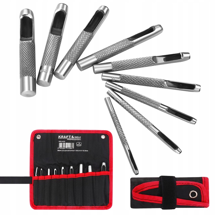 Set 9 unelte perforatoare Kraft&Dele 2,5-10mm, pentru piele, din otel carbon