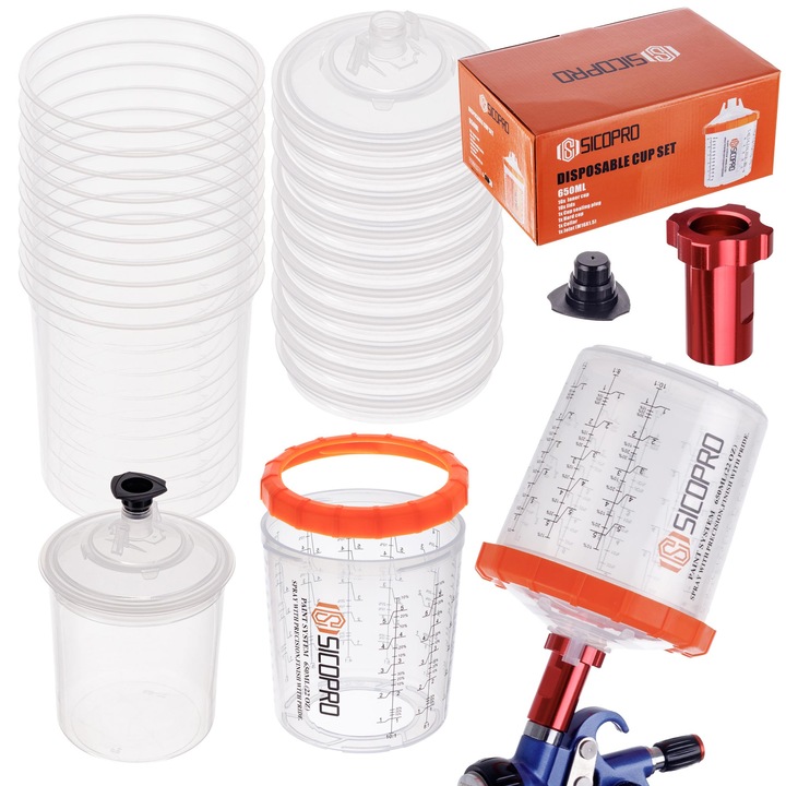 Set cupe vopsire 650ml 125 microni PPS + adaptor 16x1.5 – 10 buc, sistem amestecare vopsea auto