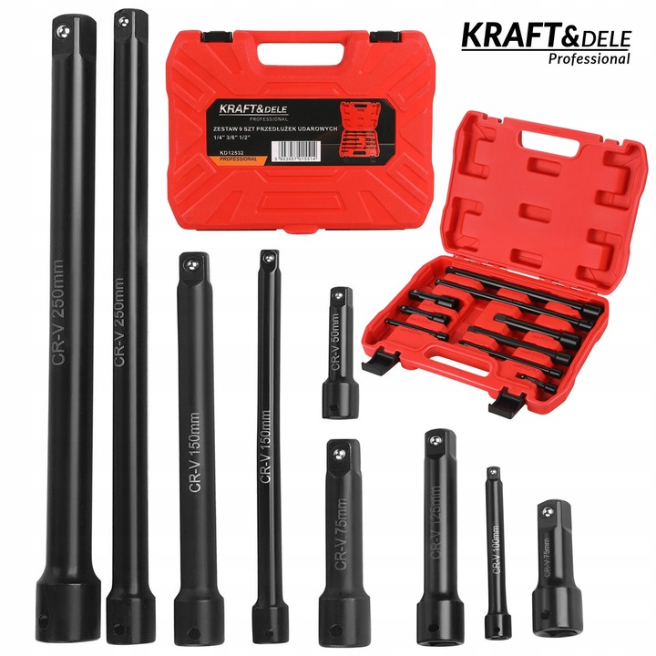 Set de extensii pentru Surubelnite Kraft&Dele, 9 piese, 1/4" 3/8" 1/2", otel CrV, valiza de transport