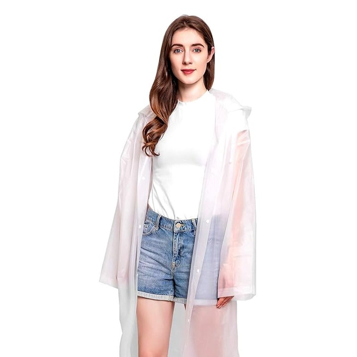 Esőkabát Felnőtteknek, EVA, Vízálló, Szélálló, Kapucnival, Oldalsó Patentokkal, Uniszex, Fehér