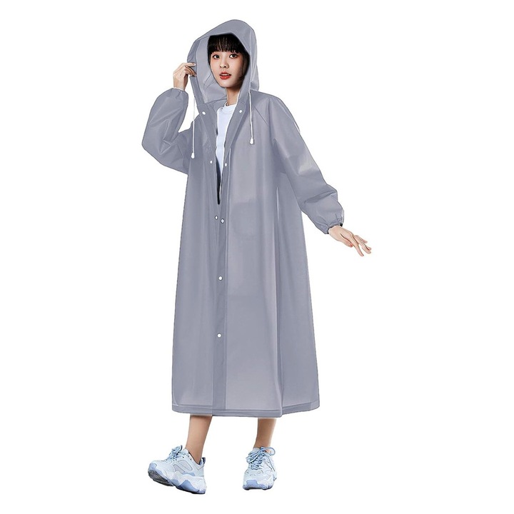 Дъждобран за възрастни, от EVA, ветроустойчив, с качулка, странични копчета, унисекс, сив
