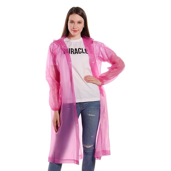 Дъждобран за възрастни, от EVA, водоустойчив, ветроустойчив, с качулка, странични копчета, унисекс, розов