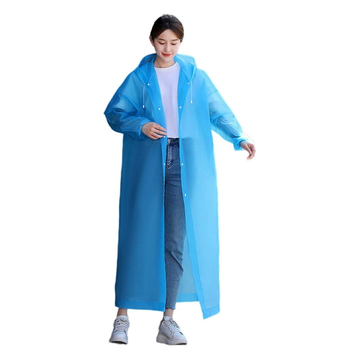 Дъждобран за възрастни, от EVA, водоустойчив, ветроустойчив, с качулка, странични копчета, унисекс, син