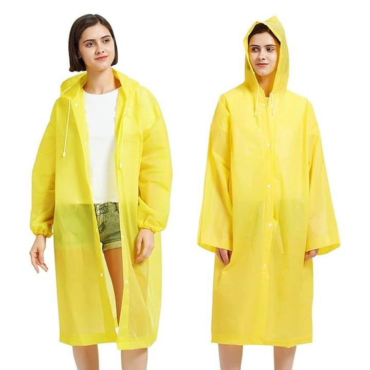 Дъждобран за възрастни, от EVA, водоустойчив, ветроустойчив, с качулка, странични копчета, унисекс, жълт