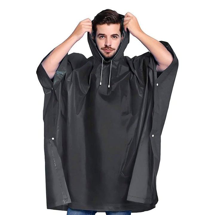 Дъждобран за възрастни, от EVA, водоустойчив, ветроустойчив, тип пончо, с качулка, странични копчета, унисекс, черен