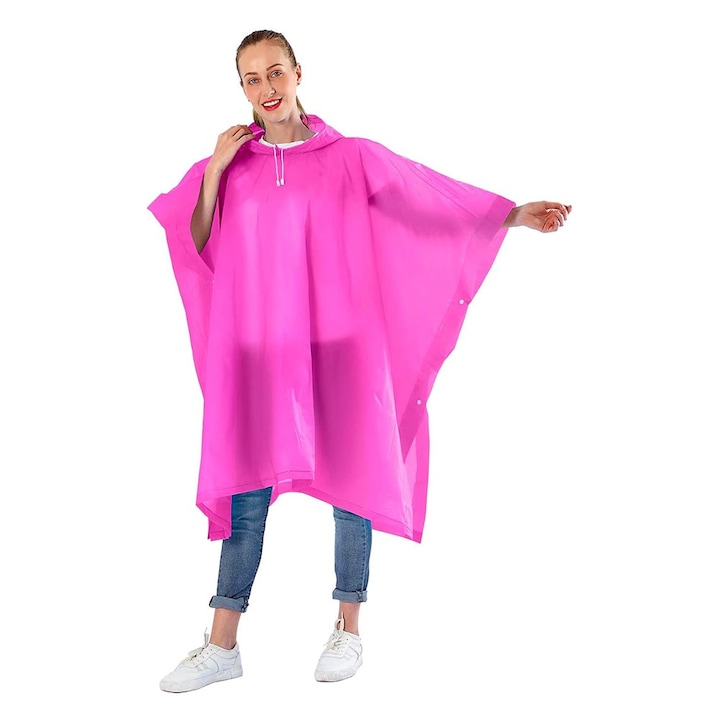 Дъждобран за възрастни, от EVA, водоустойчив, ветроустойчив, тип пончо, с качулка, странични капси, унисекс, розов