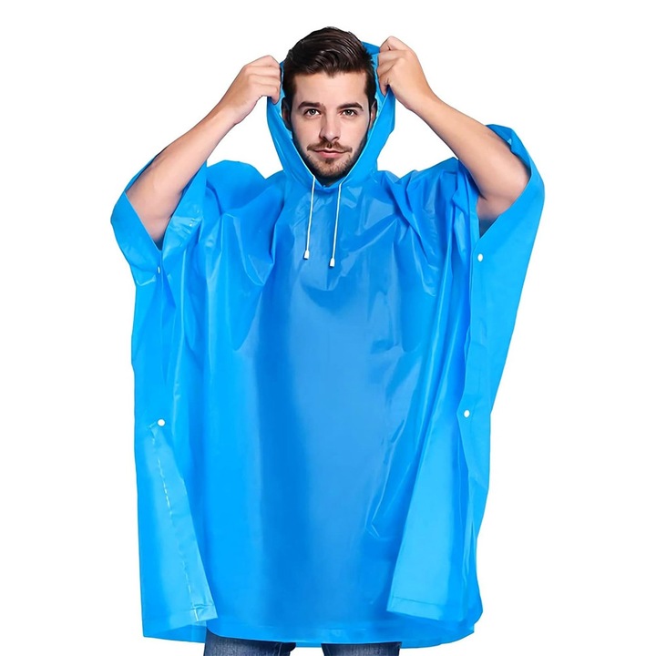 Дъждобран за възрастни, от EVA, Водоустойчив, Ветроустойчив, Тип пончо, С качулка, Странични капси, Унисекс, Син