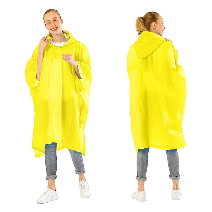 Дъждобран за възрастни, от EVA, водоустойчив, ветроустойчив, тип пончо, с качулка, странични капси, унисекс, жълт